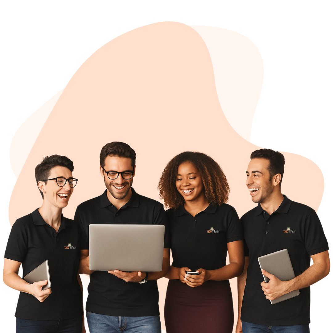 Modern IT support for business team in branded uniforms,  reviewing systems and sharing insights on a laptop.