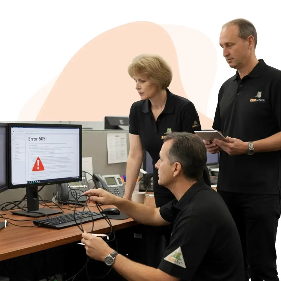 1300 INTECH team troubleshooting a computer displaying an error message 