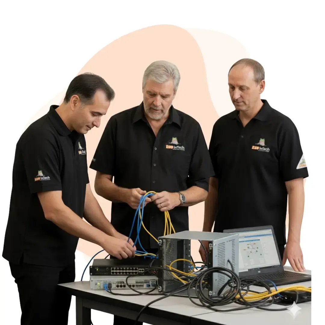 1300 INTECH technicians working together to connect network cables to IT equipment