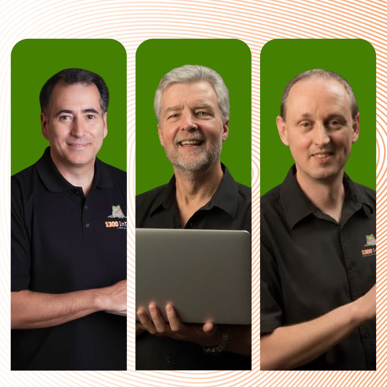 Three male IT professionals from 1300 InTech pose against individual green backdrops, wearing black branded shirts. The image represents the expert team delivering cybersecurity training for staff.